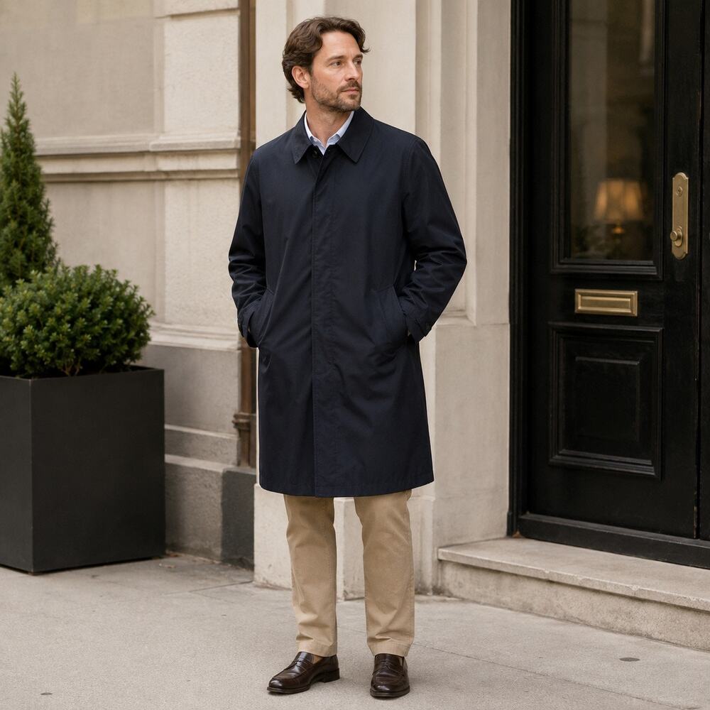 Vintage 1970s Campus All Weather Mens Coat Size 42 Navy Dacron Zip Out Liner
